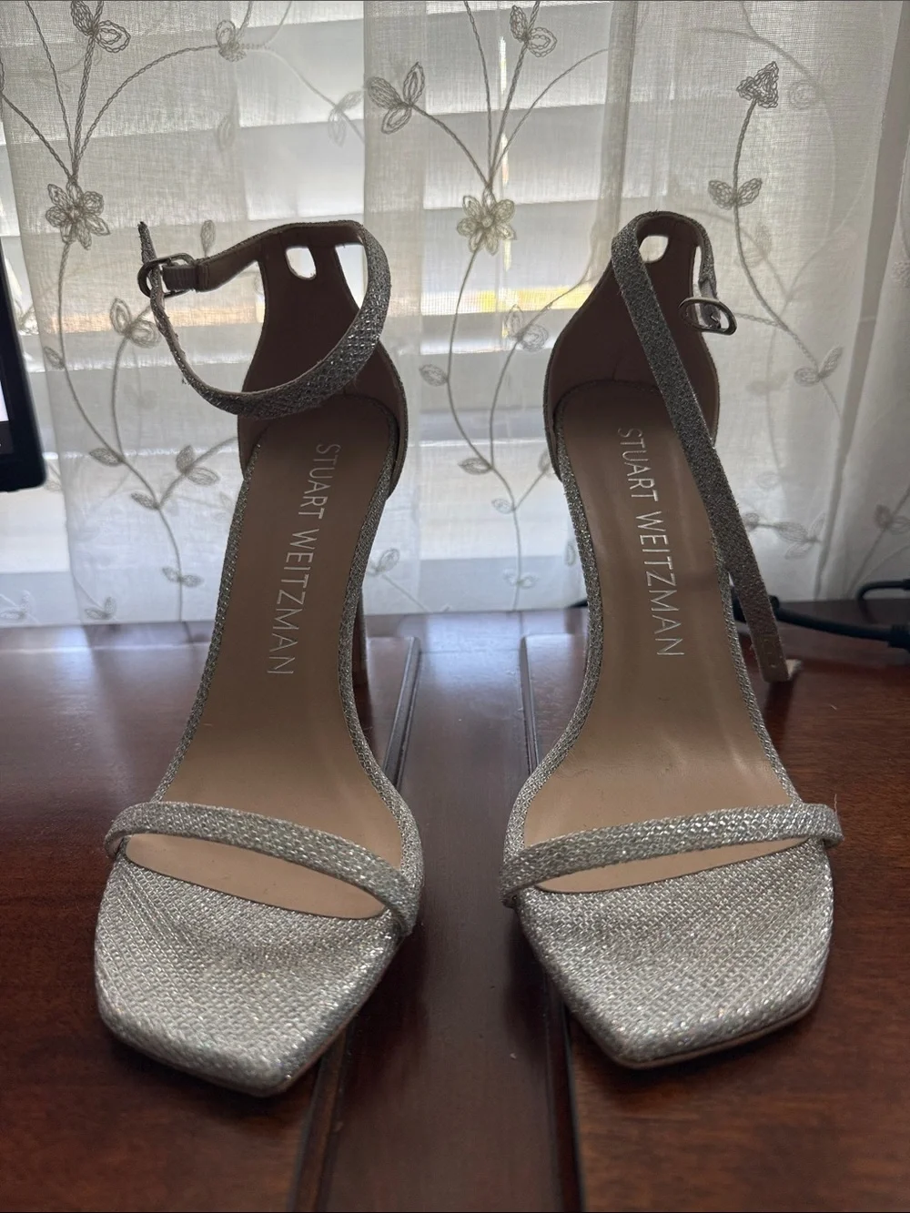 Stuart Weitzman Silver Glitter Ankle-Strap High Heels